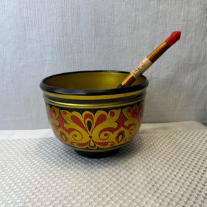 Vintage Russian Traditional Folk Art, Khokhloma Hand Painted Bowl with Spoon. Lacquered Wood.