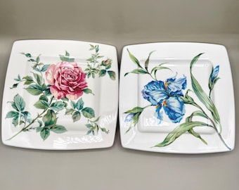 Vintage Set of Italian Ceramics Company 8” x 8" Square Floral Plates by Florens, Made in Italy