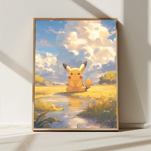5K  Pikachu in Campaign Landscape , Japanese Art Style Painting Digital Download, Wall Art, Anime Decor, Nature Inspired Home Decor