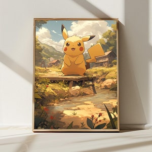 5K  Pikachu in a Campaign Landscape , Japanese Art Style Painting Digital Download, Wall Art, Anime Decor, Nature Home Decor