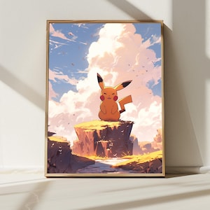 5K  Pikachu on a Rock, with a River, Japanese Art Style Painting Digital Download, Wall Art, Anime Decor, Nature Home Decor