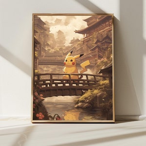 5K  Pikachu in Ancient Asian City, Japanese Art Style Painting Digital Download, Wall Art, Anime Decor, Nature Inspired Home Decor