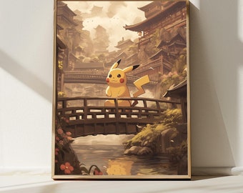 5K  Pikachu in Ancient Asian City, Japanese Art Style Painting Digital Download, Wall Art, Anime Decor, Nature Inspired Home Decor