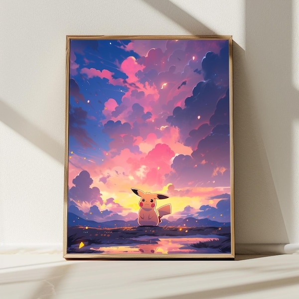 5K Pikachu in een magische zonsondergang, Japanse kunststijl schilderij digitale download, kunst aan de muur, anime poster, op de natuur geïnspireerde woondecoratie