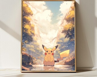5K  Pikachu in Mountains Landscape, Japanese Art Style Painting Digital Download, Wall Art, Anime Decor, Nature Inspired Home Decor