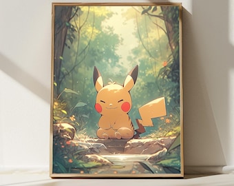 5K  Cute Pikachu in the Forest , Japanese Art Style Painting Digital Download, Wall Art, Anime Poster, Nature Inspired Home Decor