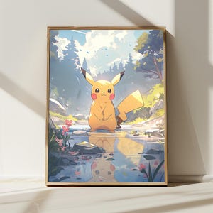 5K Pikachu in a River and Nature Landscape, Japanese Art Style Printable Digital Download, Wall Art, Anime Poster, Home Decor