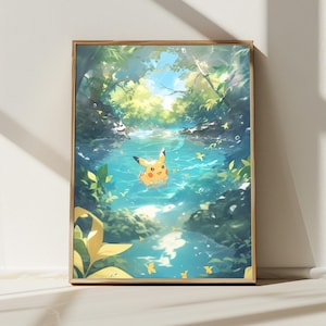 5K Pikachu swimming in a Natural Pool,  , Japanese Art Style Printable Digital Download, Wall Art, Anime Poster, Nature Inspired Home Decor
