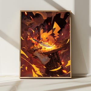5K Pikachu forging a Blade, Japanese Art Style Printable Digital Download, Wall Art, Anime Poster, Home Decor