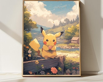 5K Cute Pikachu in a Campaign Landscape, Japanese Art Style Printable Digital Download, Wall Art, Anime Poster, Nature Inspired Home Decor