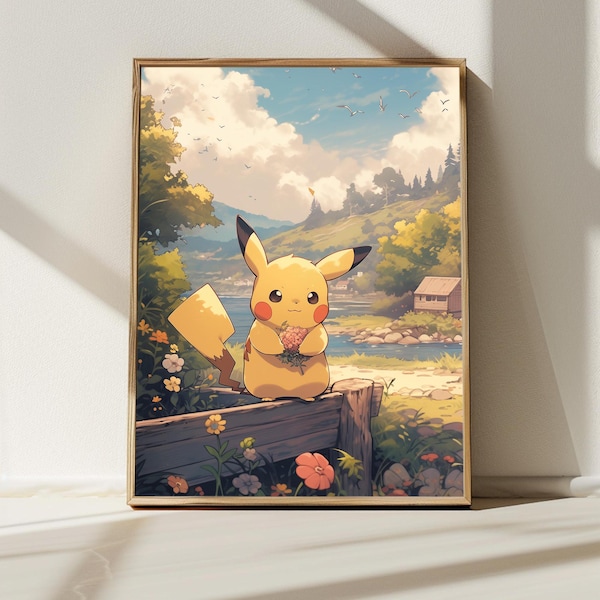 5K schattige Pikachu in een campagnelandschap, Japanse kunststijl afdrukbare digitale download, kunst aan de muur, anime poster, op de natuur geïnspireerde woondecoratie