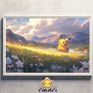 May include: A yellow Pikachu Pokemon standing in a field of flowers with mountains in the background. The sky is blue with white clouds.
