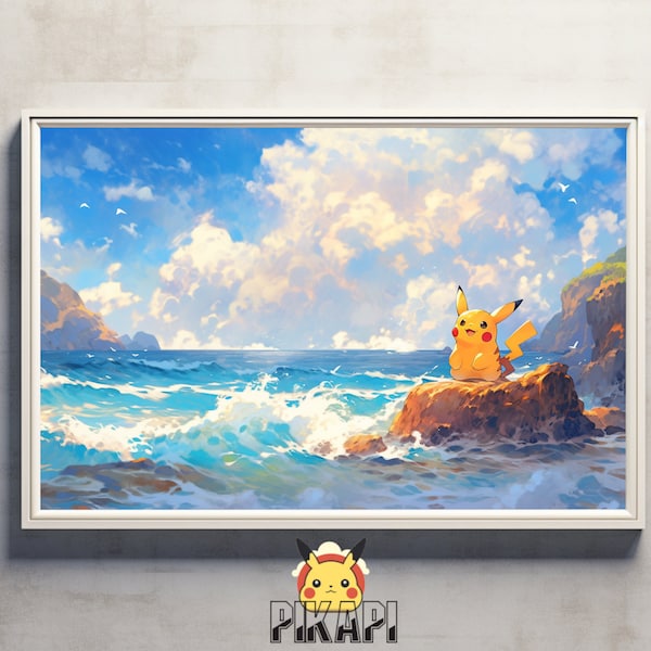Pikachu aan de Noordzee, Japanse kunststijl schilderij digitale print, kunst aan de muur, anime decor, op de natuur geïnspireerde huisdecoratie