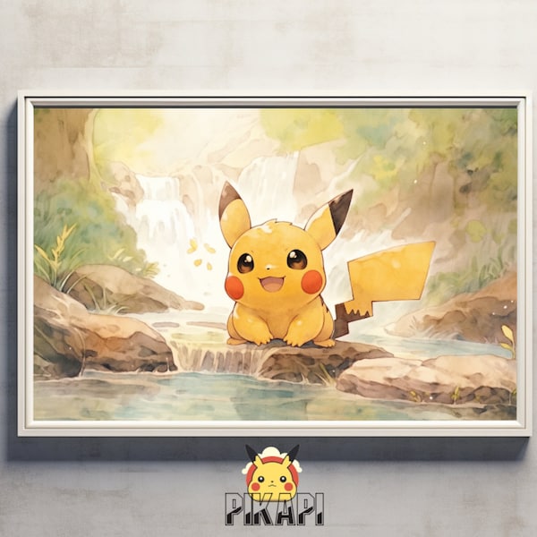 Pikachu in de natuur, Japanse kunststijl schilderij digitale print, kunst aan de muur, op anime geïnspireerd decor, op de natuur geïnspireerde woondecoratie