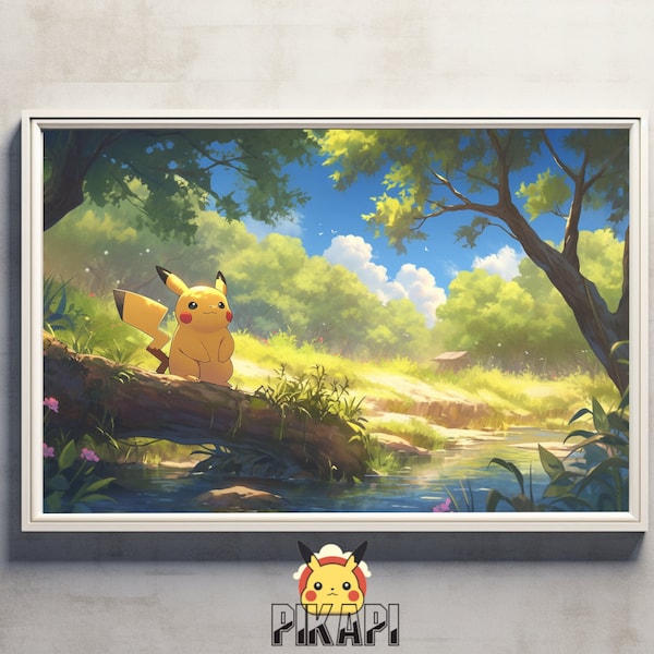 Pikachu in een lommerrijk landschap, Japanse kunststijl schilderij digitale print, kunst aan de muur, anime decor, op de natuur geïnspireerde huisdecoratie