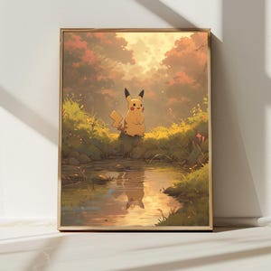 5K Pikachu in a Forest Landscape, Japanese Art Style Printable Digital Download, Wall Art, Anime Poster, Nature Inspired Home Decor