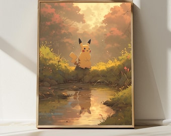 5K Pikachu in a Forest Landscape, Japanese Art Style Printable Digital Download, Wall Art, Anime Poster, Nature Inspired Home Decor