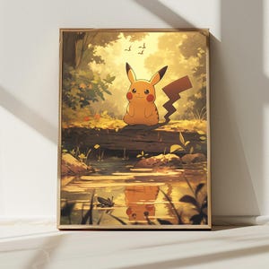 5K Pikachu in a Sepia Forest Landscape , Japanese Art Style Printable Digital Download, Wall Art, Anime Poster, Nature Inspired Home Decor