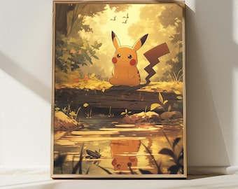 5K Pikachu in a Sepia Forest Landscape , Japanese Art Style Printable Digital Download, Wall Art, Anime Poster, Nature Inspired Home Decor