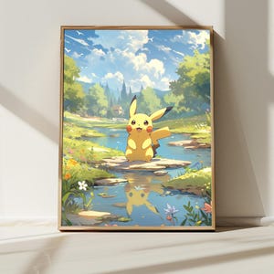 5K Cute Pikachu on a River Landscape, Japanese Art Style Printable Digital Download, Wall Art, Anime Poster, Nature Inspired Home Decor