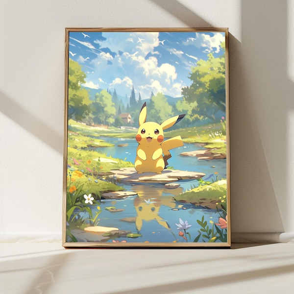 5K schattige Pikachu op een rivierlandschap, Japanse kunststijl afdrukbare digitale download, kunst aan de muur, anime poster, op de natuur geïnspireerde woondecoratie