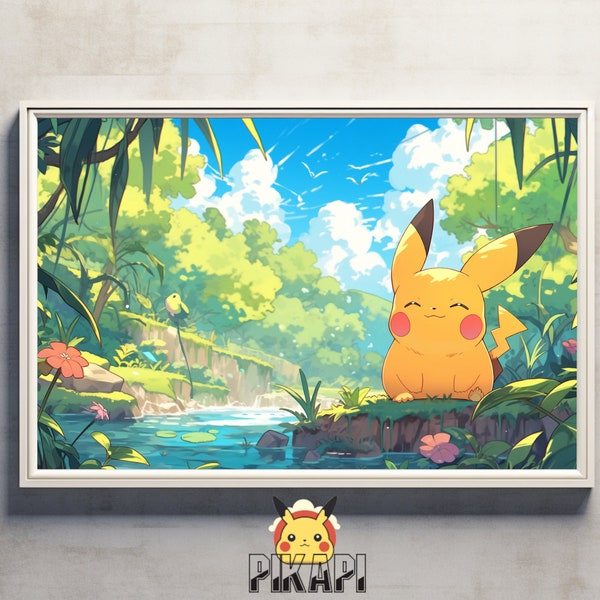 Pikachu naast een rivier, Japanse kunststijl schilderij digitale print, kunst aan de muur, anime decor, op de natuur geïnspireerde huisdecoratie
