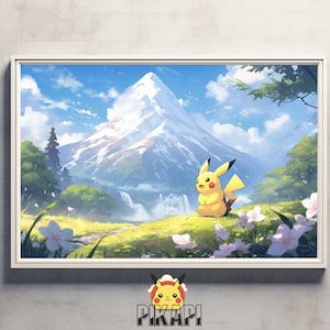 May include: A framed illustration of a yellow Pikachu standing in a field with a snowy mountain in the background. The sky is blue with white clouds and there are pink flowers in the field.
