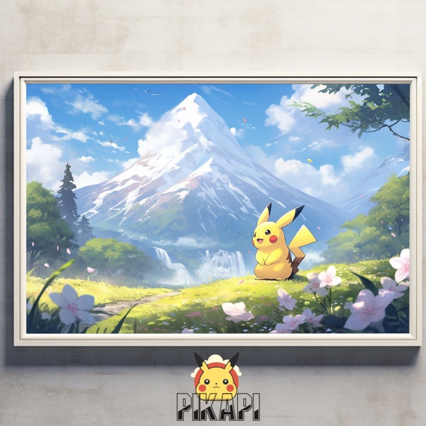 Pikachu in een berglandschap, Japanse kunststijl schilderij digitale print, kunst aan de muur, anime decor, op de natuur geïnspireerde huisdecoratie