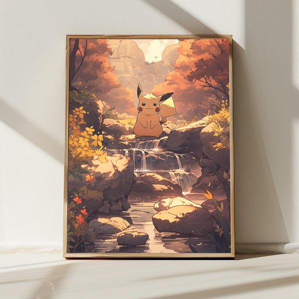 5K Pikachu op rivier, watervalbos, Japanse kunststijl afdrukbare digitale download, kunst aan de muur, anime-poster, op de natuur geïnspireerde woondecoratie