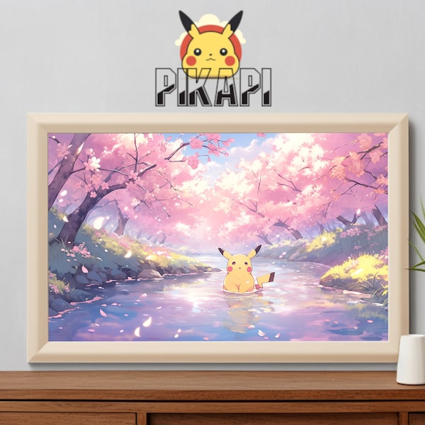 Pikachu imprimable sous des arbres de sakura, peinture de style art japonais, impression numérique, art mural, décoration anime, décoration d'inspiration nature