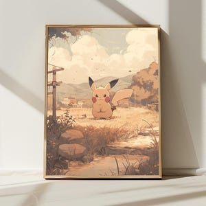 5K Cute Pikachu in a Sepia Landscape, Japanese Art Style Printable Digital Download, Wall Art, Anime Poster, Nature Inspired Home Decor