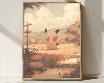 5K Cute Pikachu in a Sepia Landscape, Japanese Art Style Printable Digital Download, Wall Art, Anime Poster, Nature Inspired Home Decor