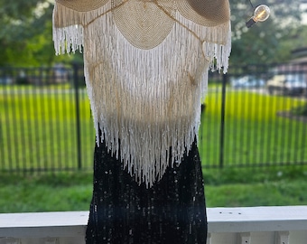 Beautiful fancy evening dress BLACK TIE fringe silk beaded white black dinner vintage special photos