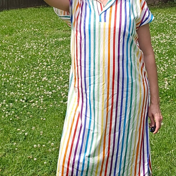 Lady Winn California  by Teddi S/S shirt dress rainbow midi 100% polyester M Spring Summer vacay colors 1970s 80s