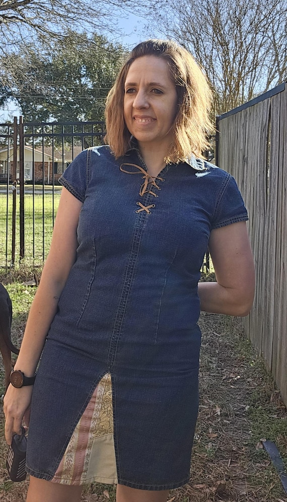 Y2k S/M Faded Glory Panel Tie Denim Dress Vintage