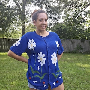 Quacker Factory  cardigan embellished spring bugs flowers  ramie