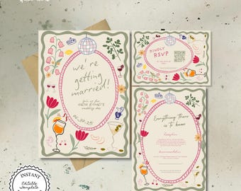Editable Floral Wedding Invitation Template, Printable Invitation Suite, Unique Invite, Digital Boho Invitation, Whimsical Invitations 05