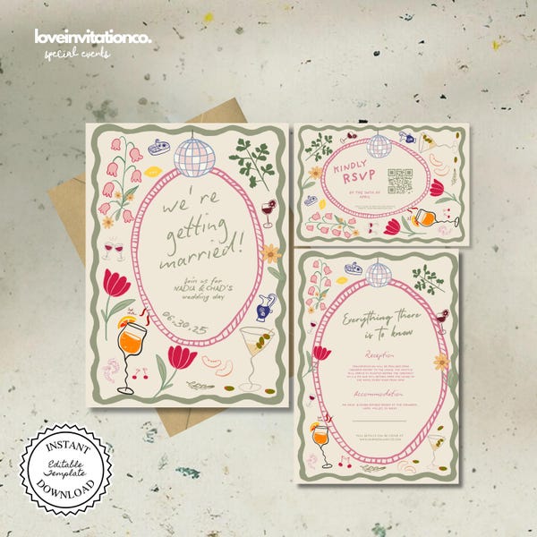 Editable Floral Wedding Invitation Template, Printable Invitation Suite, Unique Invite, Digital Boho Invitation, Whimsical Invitations 05
