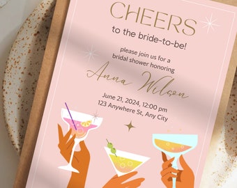Cheers Bachelorette Party Invitations Cards Cocktail Bride Personalized Templates Editable Bride to be Printable Illustrated Hand Drawn