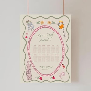 May include: A cream-colored wedding seating chart with a pink oval frame and decorative illustrations. The text "Your Seat Awaits!" is above the seating arrangement. The names Nadia & Chad and the date 22.06.2024 are at the bottom.