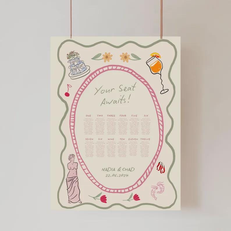 May include: A cream-colored wedding seating chart with a pink oval frame and decorative illustrations. The text "Your Seat Awaits!" is above the seating arrangement. The names Nadia & Chad and the date 22.06.2024 are at the bottom.