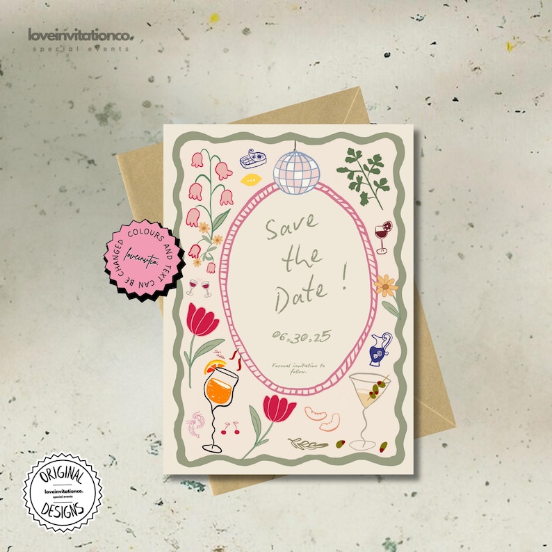 May include: A cream-colored "Save the Date" invitation card with a pink oval frame, floral and cocktail illustrations, and the date "06.30.25". Includes a brown envelope and two circular stickers.