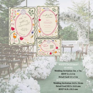 Op de afbeelding: Trouwuitnodigingsset met een grillig ontwerp. De set bevat een hoofduitnodiging, een detailkaart en een RSVP-kaart. De uitnodigingen bevatten bloemen- en cocktailillustraties, met de tekst "we're getting married!" en "Everything there is to know".