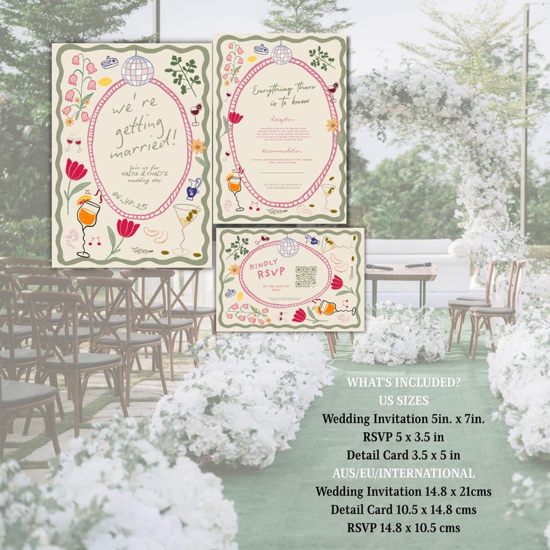 Op de afbeelding: Trouwuitnodigingsset met een grillig ontwerp. De set bevat een hoofduitnodiging, een detailkaart en een RSVP-kaart. De uitnodigingen bevatten bloemen- en cocktailillustraties, met de tekst "we're getting married!" en "Everything there is to know".