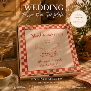 Hochzeits-Pizzaschachtel-Vorlage, bearbeitbares Pizzaschachtel-Etikett, Verlobungsfeiergeschenke, Hochzeit von Hochzeit, italienische Braut Bachelorette Pizza Canva