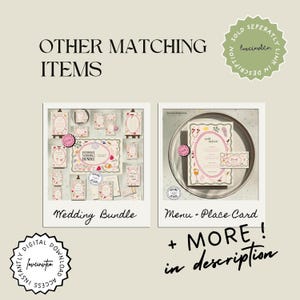 May include: A digital graphic display showing wedding stationery items including a wedding bundle, menu, and place card. The text reads OTHER MATCHING ITEMS, Wedding Bundle, Menu + Place Card, and + MORE! in description, with circular badges.