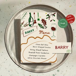 Modelo de cartão de menu de Natal, modelo de cartão de menu divertido de Ano Novo, cartão de menu de Natal desenhado à mão para impressão, menu de jantar de feriado editável para download