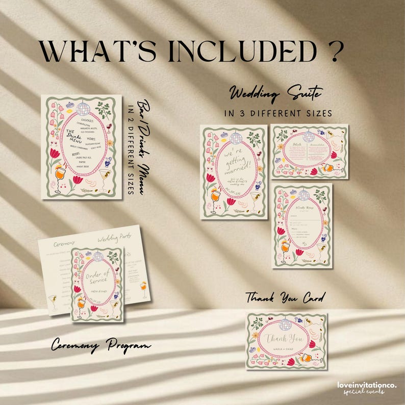May include: A collection of wedding stationery, including a bar drinks menu, ceremony program, and thank you card. The designs feature floral and disco ball illustrations with the text "What's Included?" and "Wedding Suite".