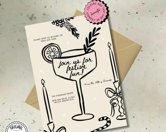 Printable Christmas Holiday Party Invitation Template Editable Dinner Invite Friendmas Invite Hand Drawn Christmas Cocktail Invite Templates