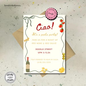 Hand-Drawn Digital Pasta Party Invitation Template | Pasta Party Theme  Red Sauce Italian Theme | Editable Canva Template Pasta Party Invite